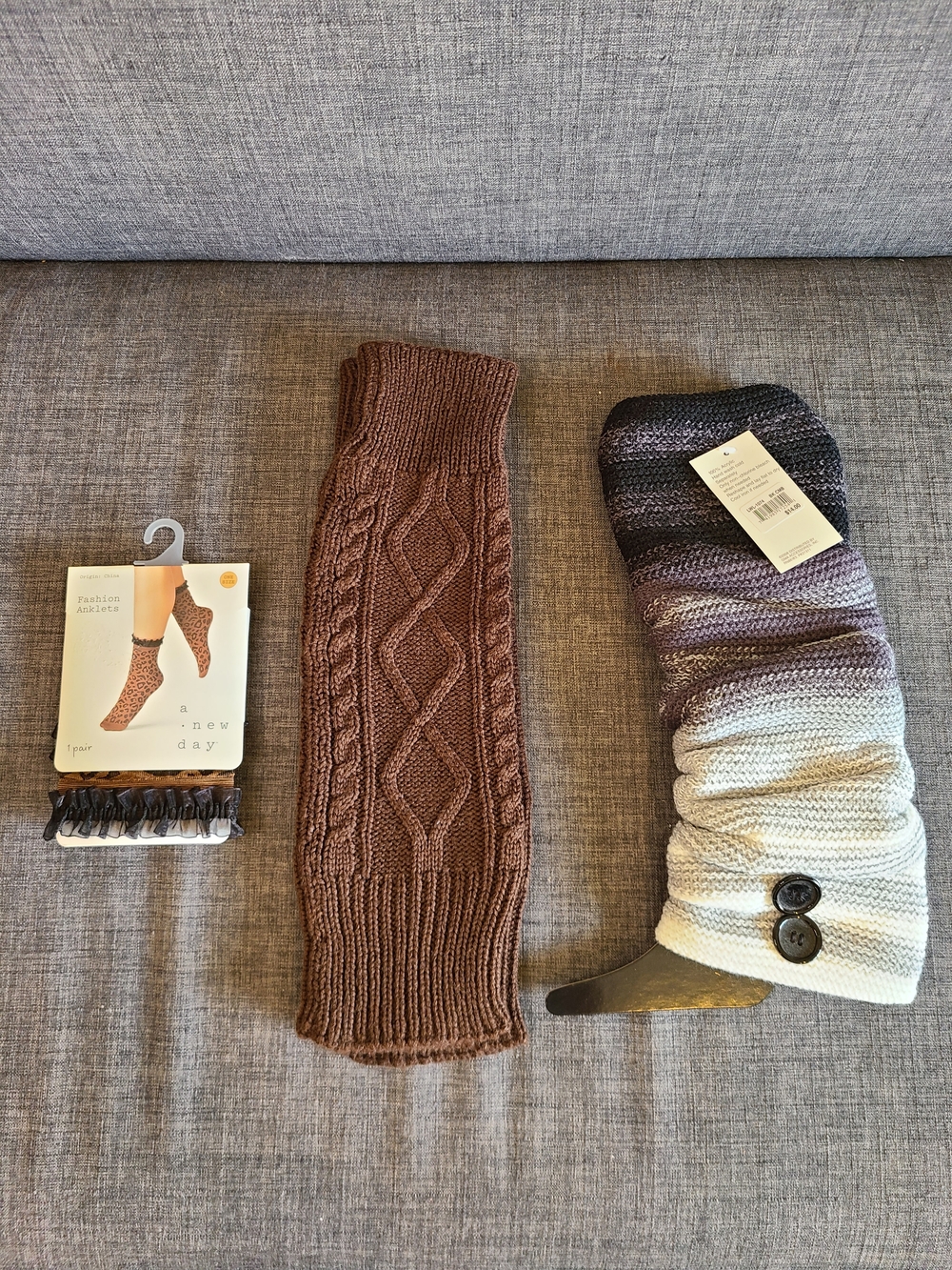 Two Knit Leg Warmers & Cute Ruffle Print Socks - Brown and Ombre Neutral